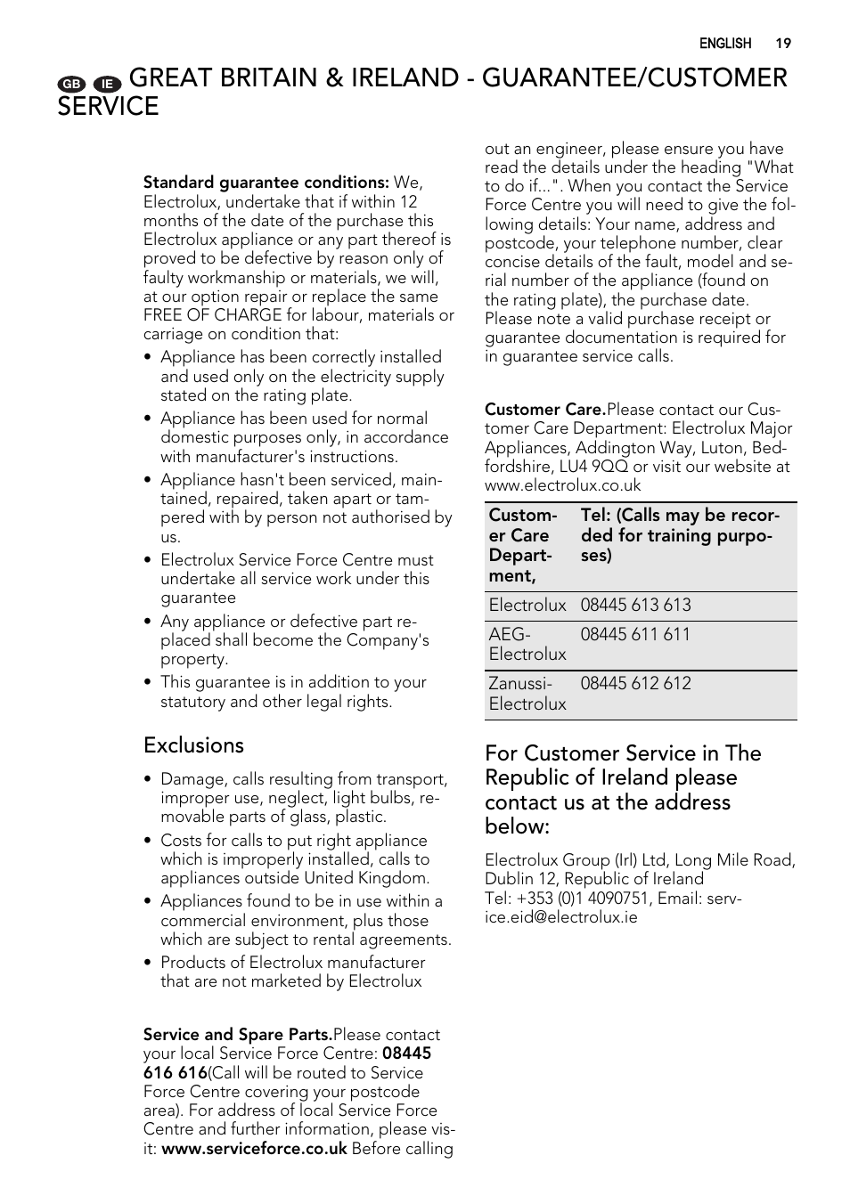 Exclusions | AEG HG694340NB User Manual | Page 19 / 20
