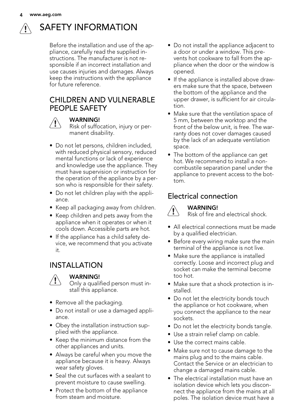 Safety information, Children and vulnerable people safety, Installation | Electrical connection | AEG HG694340NB User Manual | Page 4 / 20