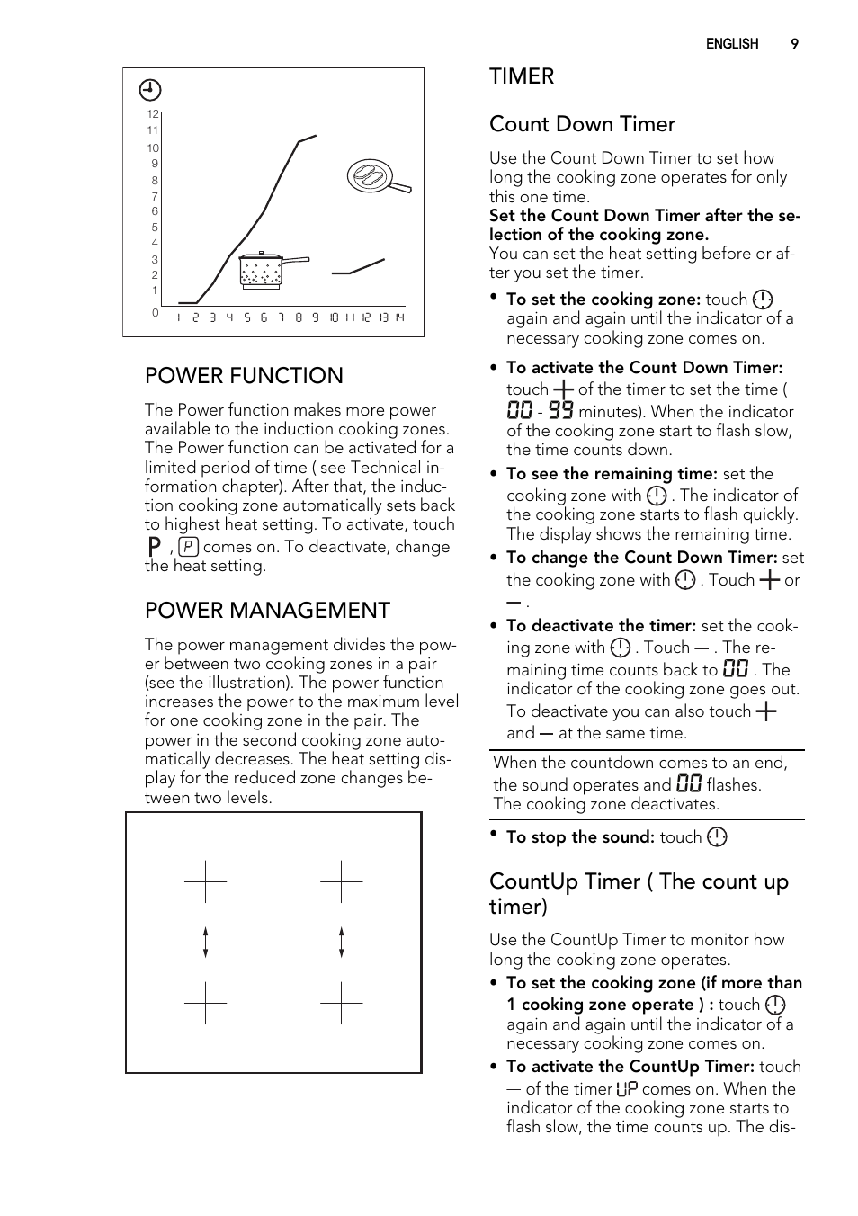Power function, Power management, Timer count down timer | Countup timer ( the count up timer) | AEG HG694340NB User Manual | Page 9 / 20