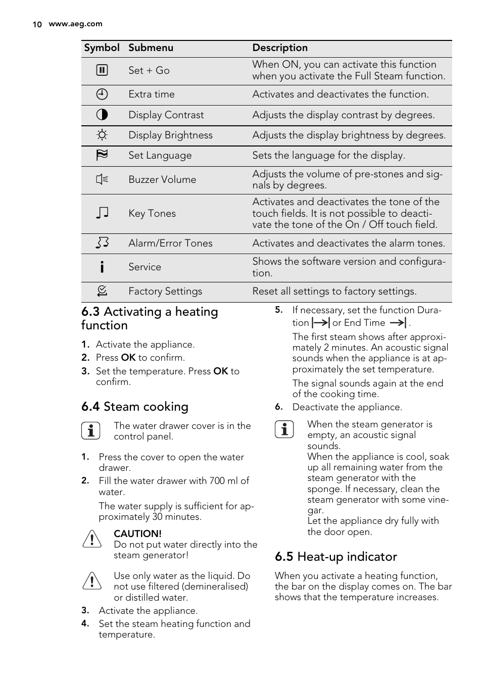 3 activating a heating function, 4 steam cooking, 5 heat-up indicator | AEG KE8404001M User Manual | Page 10 / 32
