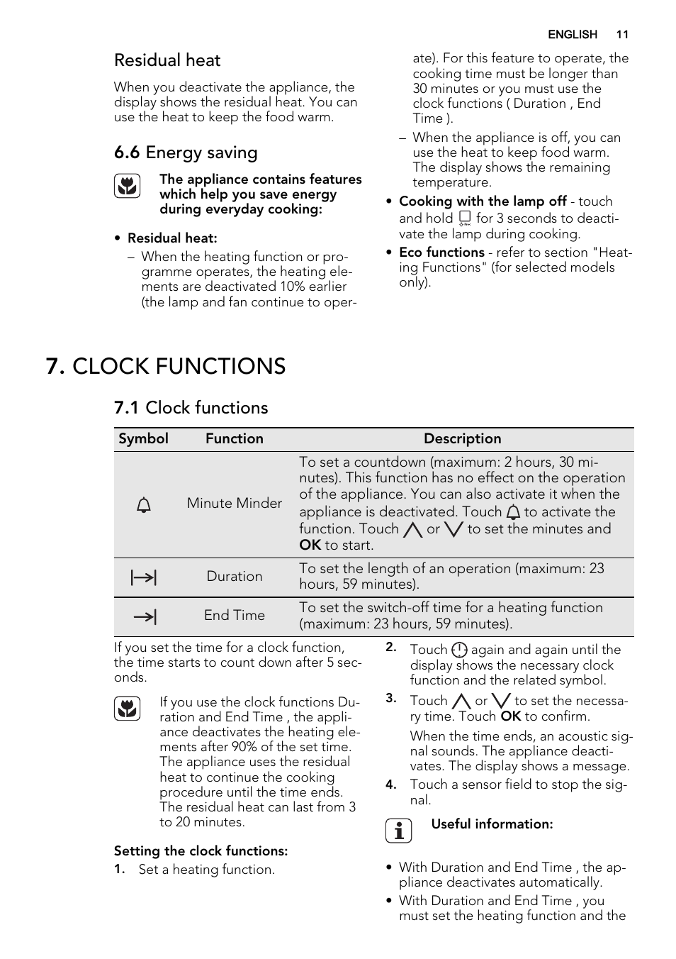 Clock functions, Residual heat, 6 energy saving | 1 clock functions | AEG KE8404001M User Manual | Page 11 / 32