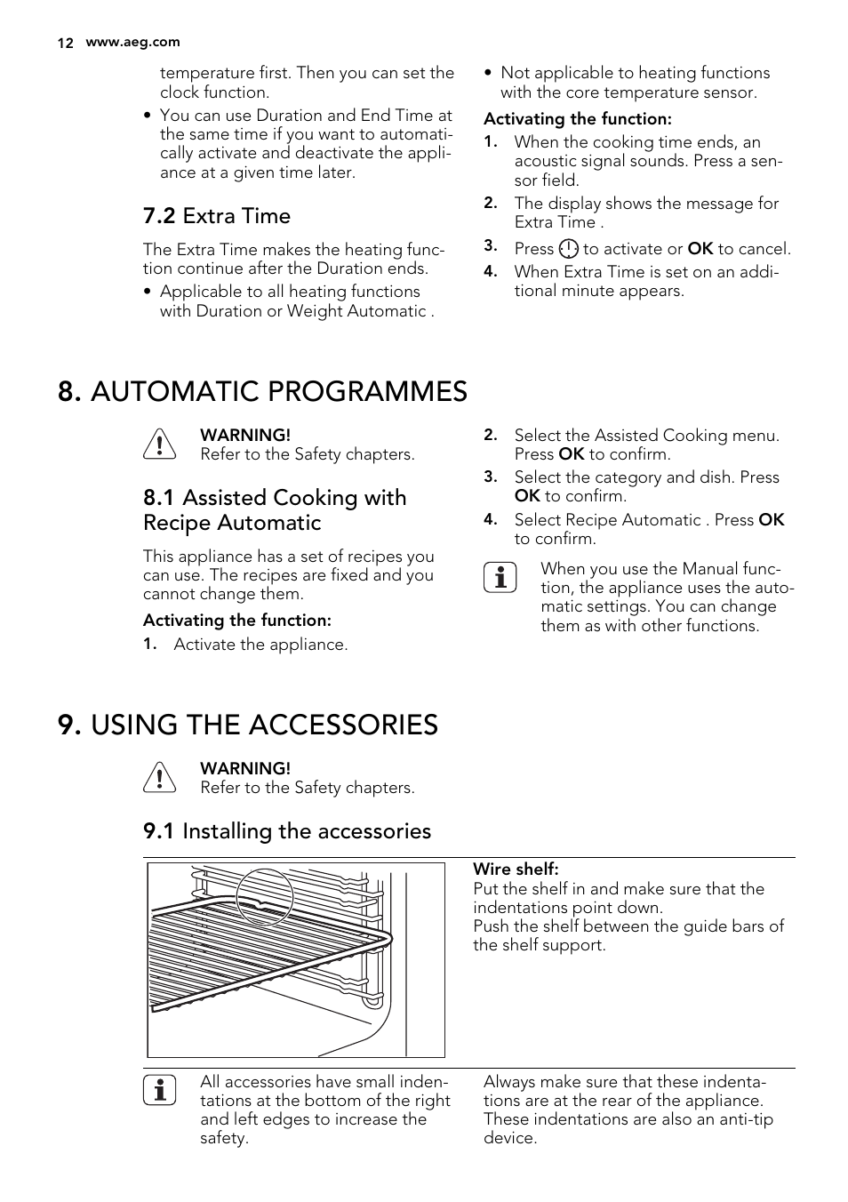 Automatic programmes, Using the accessories, 2 extra time | 1 assisted cooking with recipe automatic, 1 installing the accessories | AEG KE8404001M User Manual | Page 12 / 32