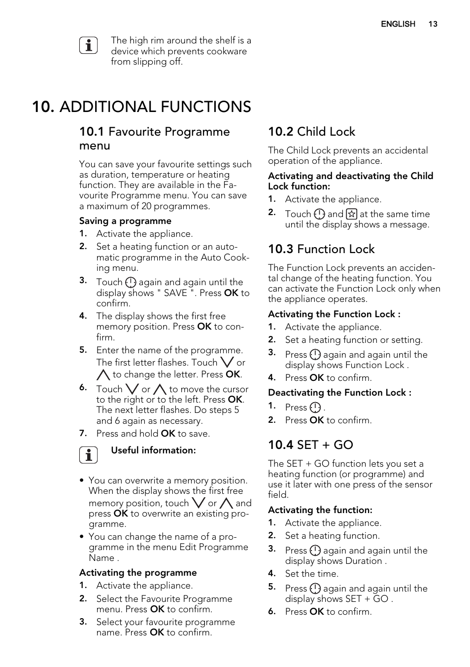 Additional functions, 1 favourite programme menu, 2 child lock | 3 function lock, 4 set + go | AEG KE8404001M User Manual | Page 13 / 32