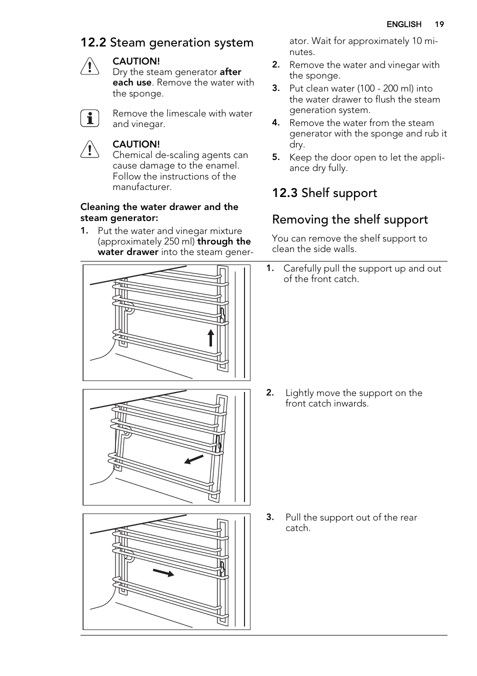 2 steam generation system, 3 shelf support removing the shelf support | AEG KE8404001M User Manual | Page 19 / 32