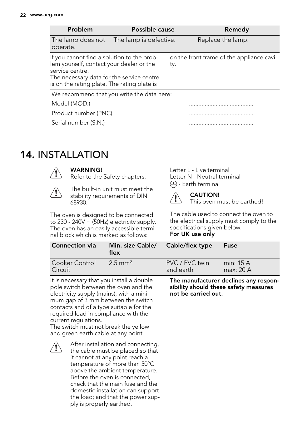 Installation | AEG KE8404001M User Manual | Page 22 / 32