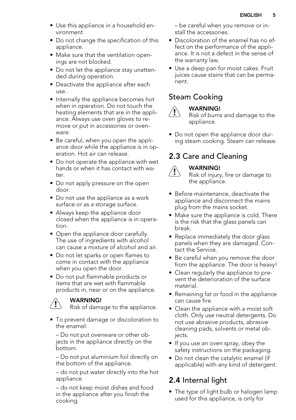 Steam cooking, 3 care and cleaning, 4 internal light | AEG KE8404001M User Manual | Page 5 / 32