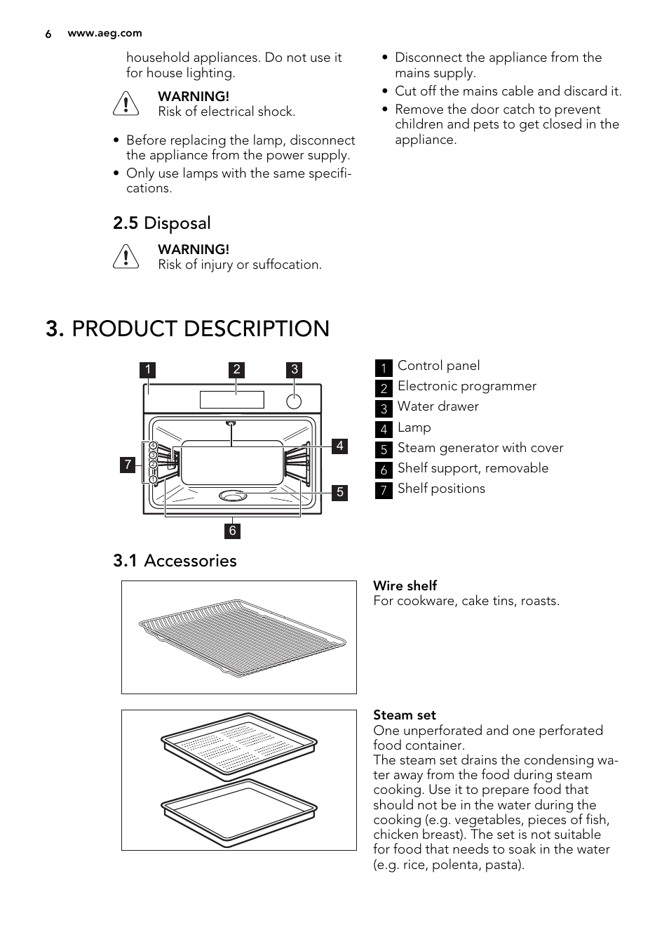 Product description, 5 disposal, 1 accessories | AEG KE8404001M User Manual | Page 6 / 32