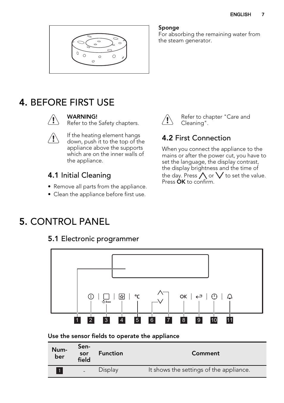 Before first use, Control panel, 1 initial cleaning | 2 first connection, 1 electronic programmer | AEG KE8404001M User Manual | Page 7 / 32