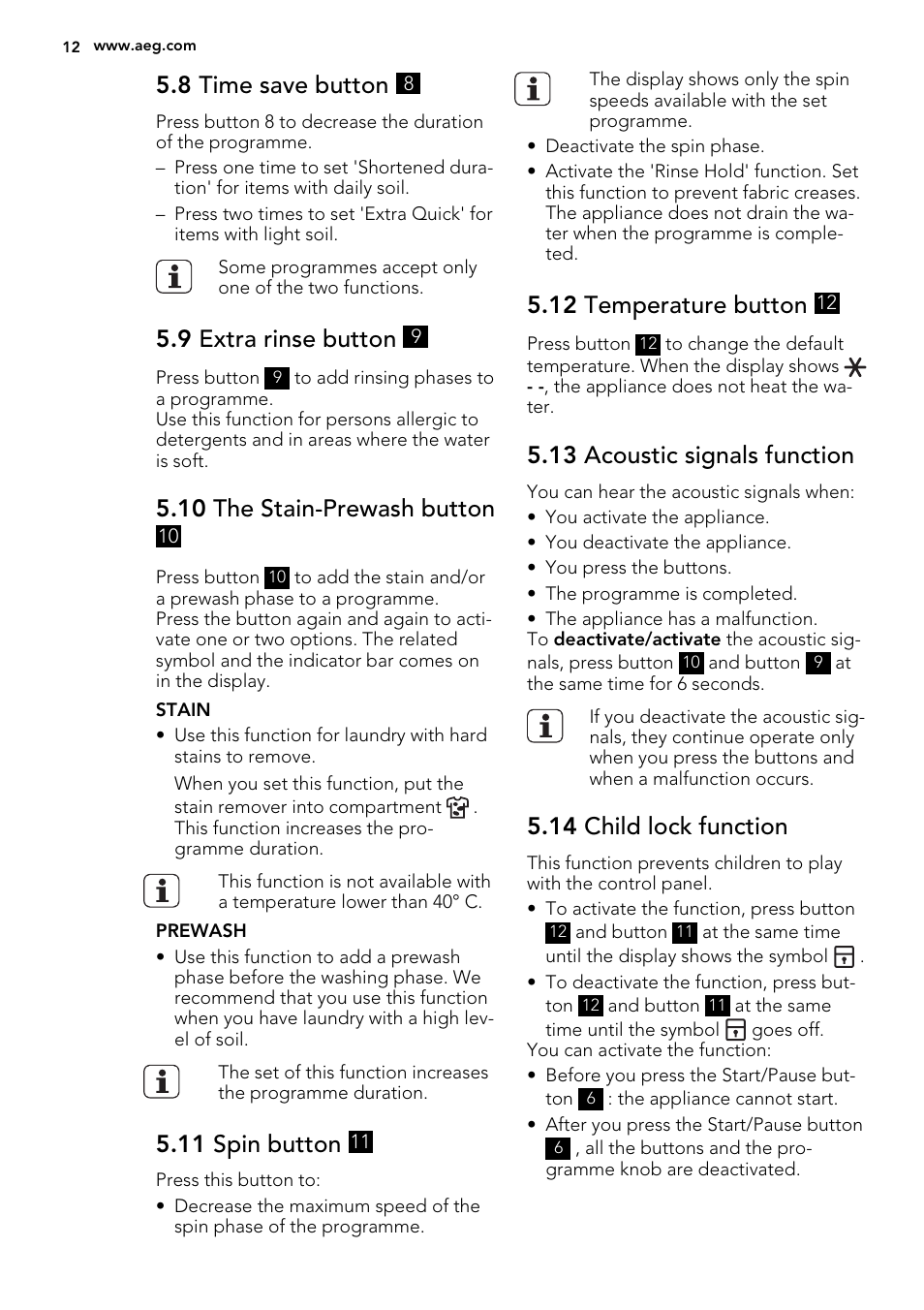 8 time save button, 9 extra rinse button, 10 the stain-prewash button | 11 spin button, 12 temperature button, 13 acoustic signals function, 14 child lock function | AEG L99695HWD User Manual | Page 12 / 44