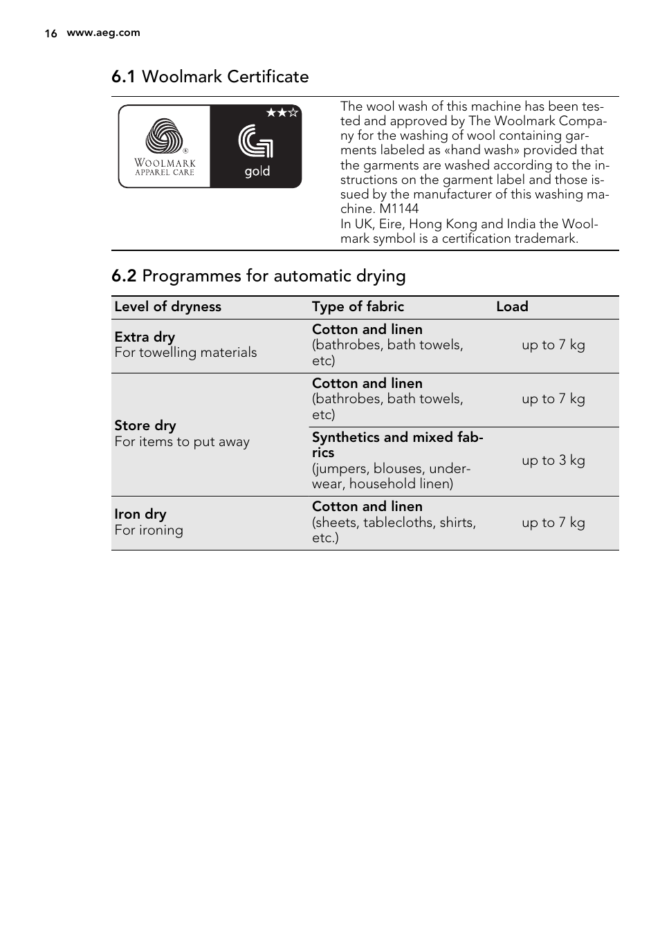 1 woolmark certificate, 2 programmes for automatic drying | AEG L99695HWD User Manual | Page 16 / 44