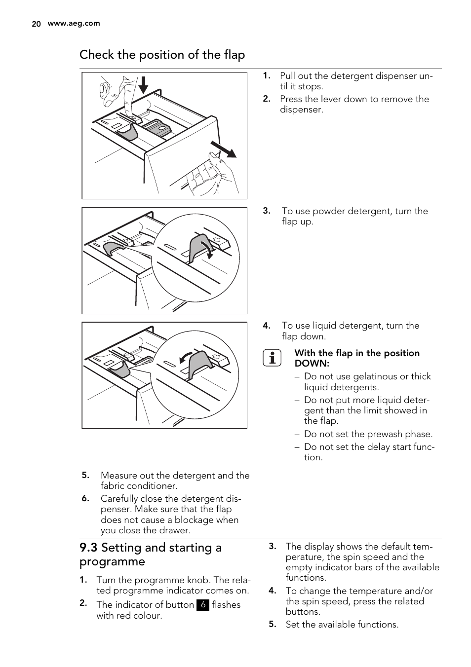 Check the position of the flap, 3 setting and starting a programme | AEG L99695HWD User Manual | Page 20 / 44