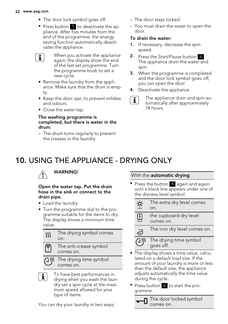 Using the appliance - drying only | AEG L99695HWD User Manual | Page 22 / 44
