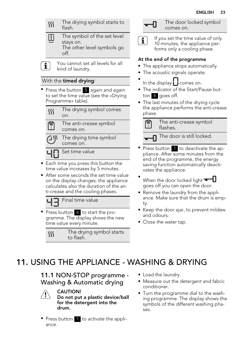 Using the appliance - washing & drying, 1 non-stop programme - washing & automatic drying | AEG L99695HWD User Manual | Page 23 / 44