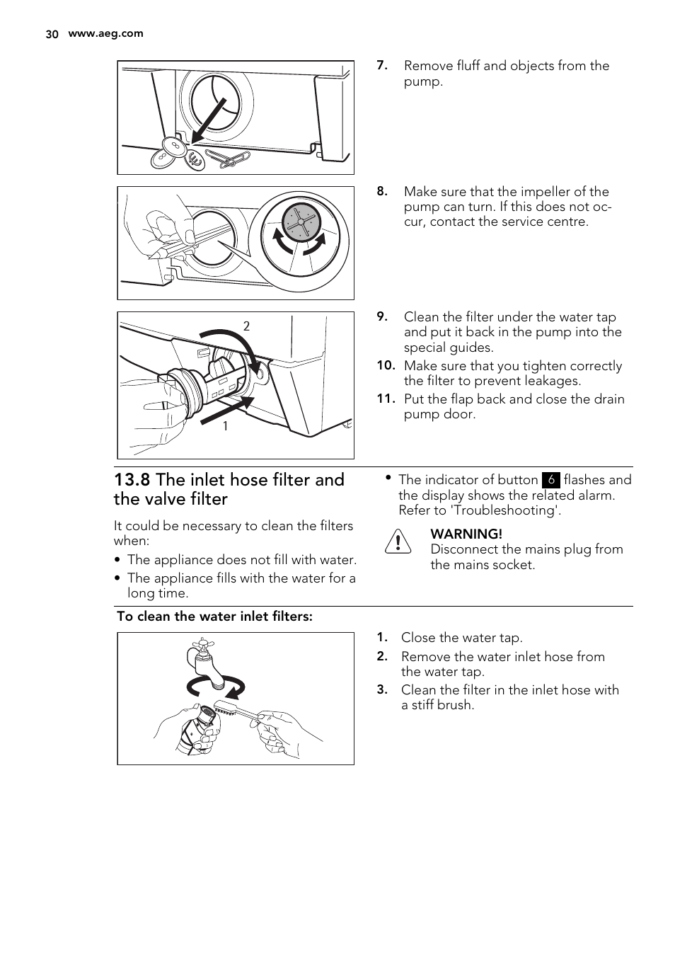 8 the inlet hose filter and the valve filter | AEG L99695HWD User Manual | Page 30 / 44