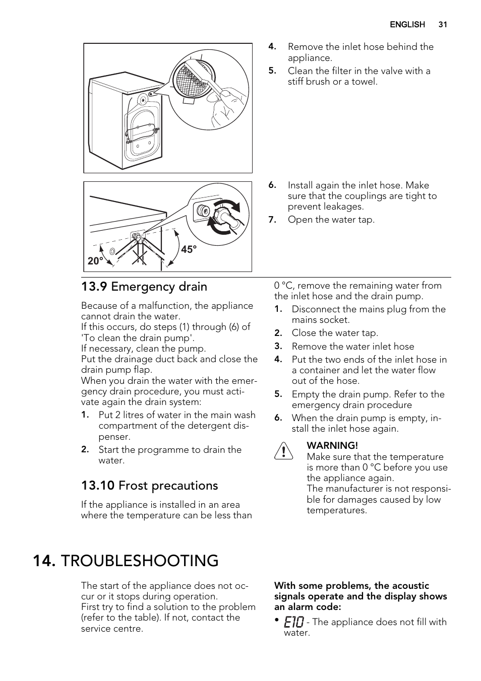 Troubleshooting, 9 emergency drain, 10 frost precautions | AEG L99695HWD User Manual | Page 31 / 44