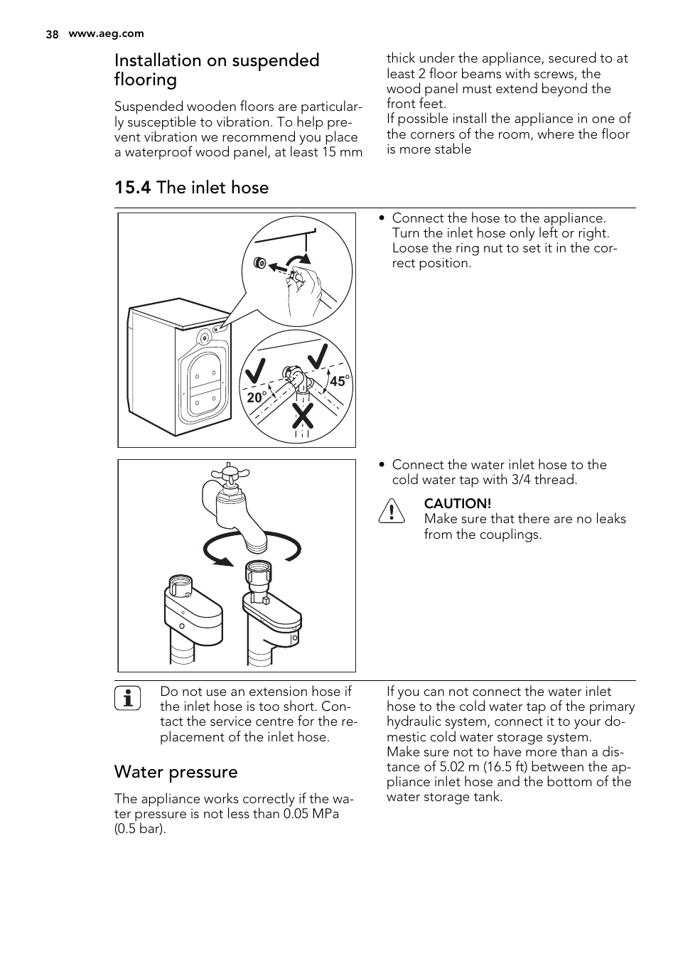 Installation on suspended flooring, 4 the inlet hose, Water pressure | AEG L99695HWD User Manual | Page 38 / 44