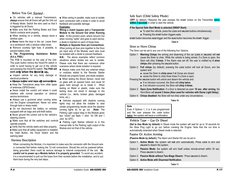 Before you get stsrted, Harness description, Safe start (child safety mode) | Siren or horn chirps, Vehicle type - gas or diesel, Passive or active arming, Before you get started | Autostart AS-6205i SH User Manual | Page 4 / 10