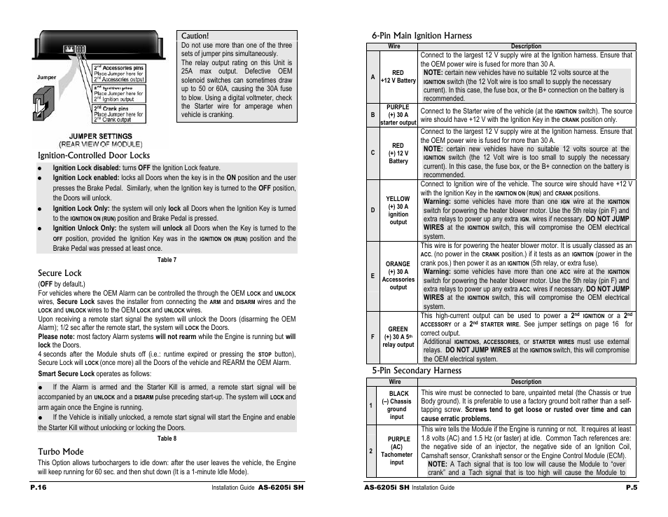 Ignition-controlled door locks, Secure lock, Turbo mode | Pin main ignition harness | Autostart AS-6205i SH User Manual | Page 5 / 10