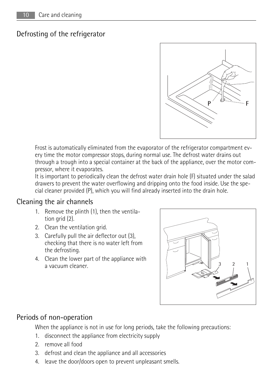 Defrosting of the refrigerator, Cleaning the air channels, Periods of non-operation | AEG SKS58840S2 User Manual | Page 10 / 16