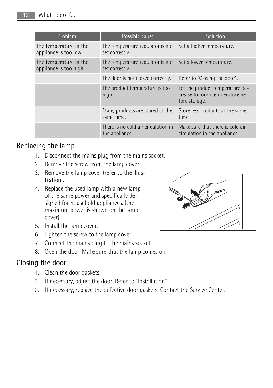 Replacing the lamp, Closing the door | AEG SKS58840S2 User Manual | Page 12 / 16