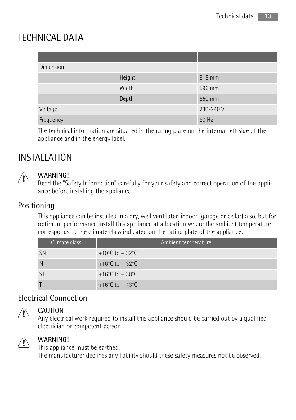 Technical data, Installation, Positioning | Electrical connection | AEG SKS58840S2 User Manual | Page 13 / 16