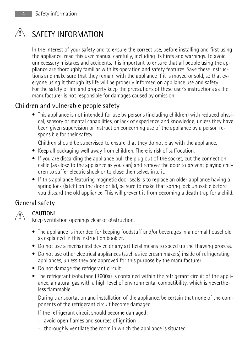 Safety information, Children and vulnerable people safety, General safety | AEG SKS58840S2 User Manual | Page 4 / 16