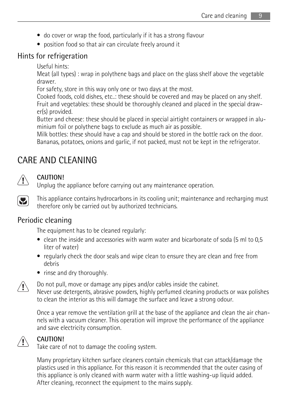 Care and cleaning, Hints for refrigeration, Periodic cleaning | AEG SKS58840S2 User Manual | Page 9 / 16