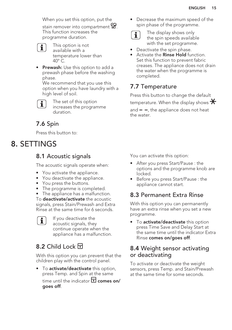 6 spin, 7 temperature, Settings | 1 acoustic signals, 2 child lock, 3 permanent extra rinse, 4 weight sensor activating or deactivating | AEG L98480FL User Manual | Page 15 / 32