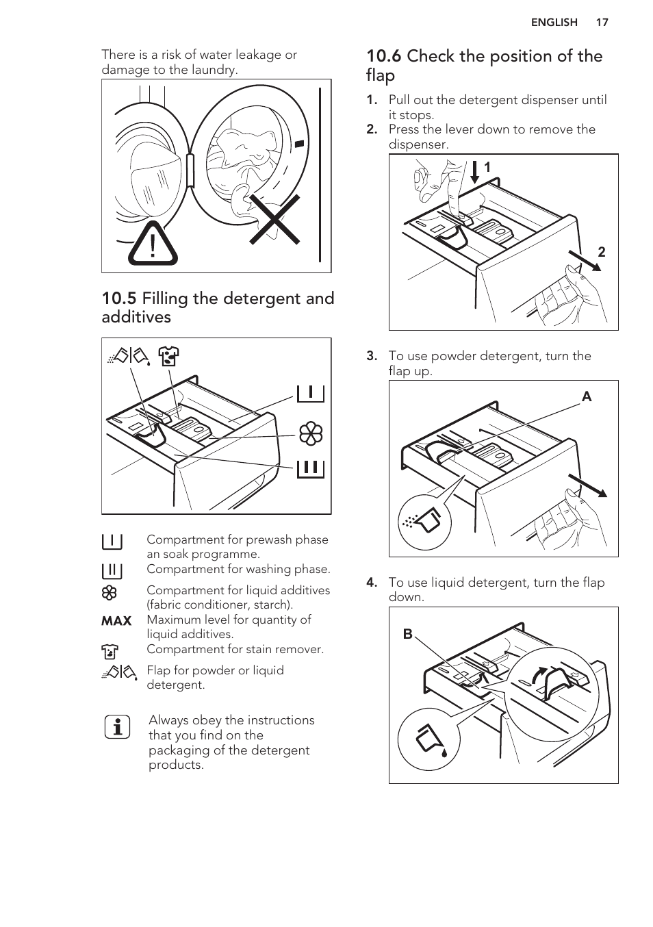 5 filling the detergent and additives, 6 check the position of the flap | AEG L98480FL User Manual | Page 17 / 32