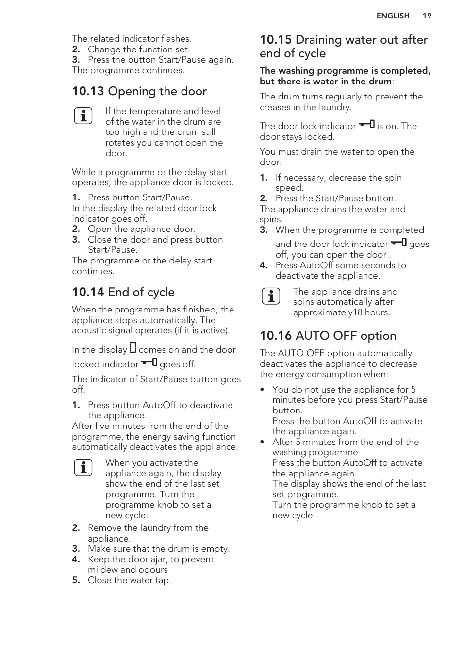 13 opening the door, 14 end of cycle, 15 draining water out after end of cycle | 16 auto off option | AEG L98480FL User Manual | Page 19 / 32