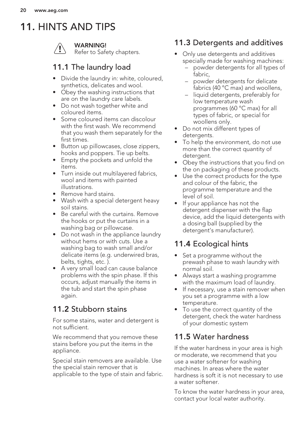 Hints and tips, 1 the laundry load, 2 stubborn stains | 3 detergents and additives, 4 ecological hints, 5 water hardness | AEG L98480FL User Manual | Page 20 / 32