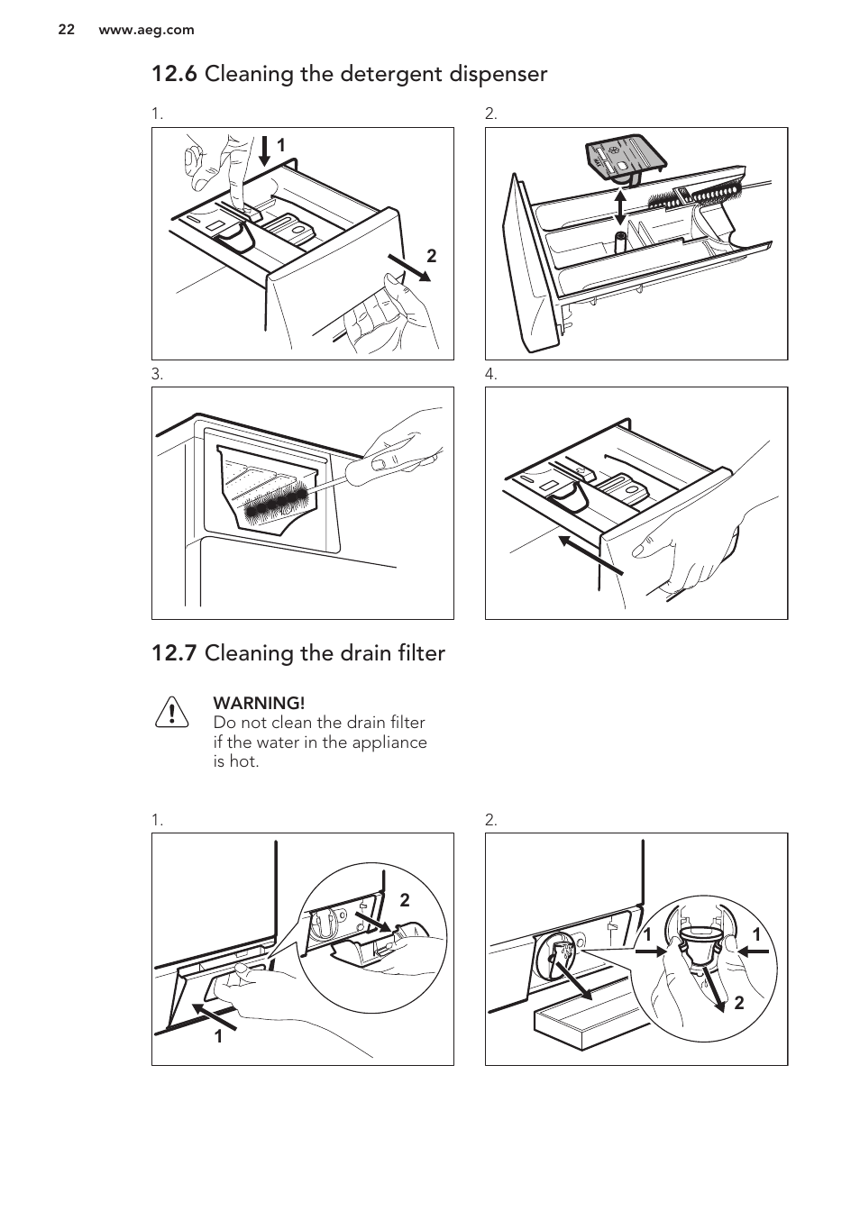 6 cleaning the detergent dispenser, 7 cleaning the drain filter | AEG L98480FL User Manual | Page 22 / 32