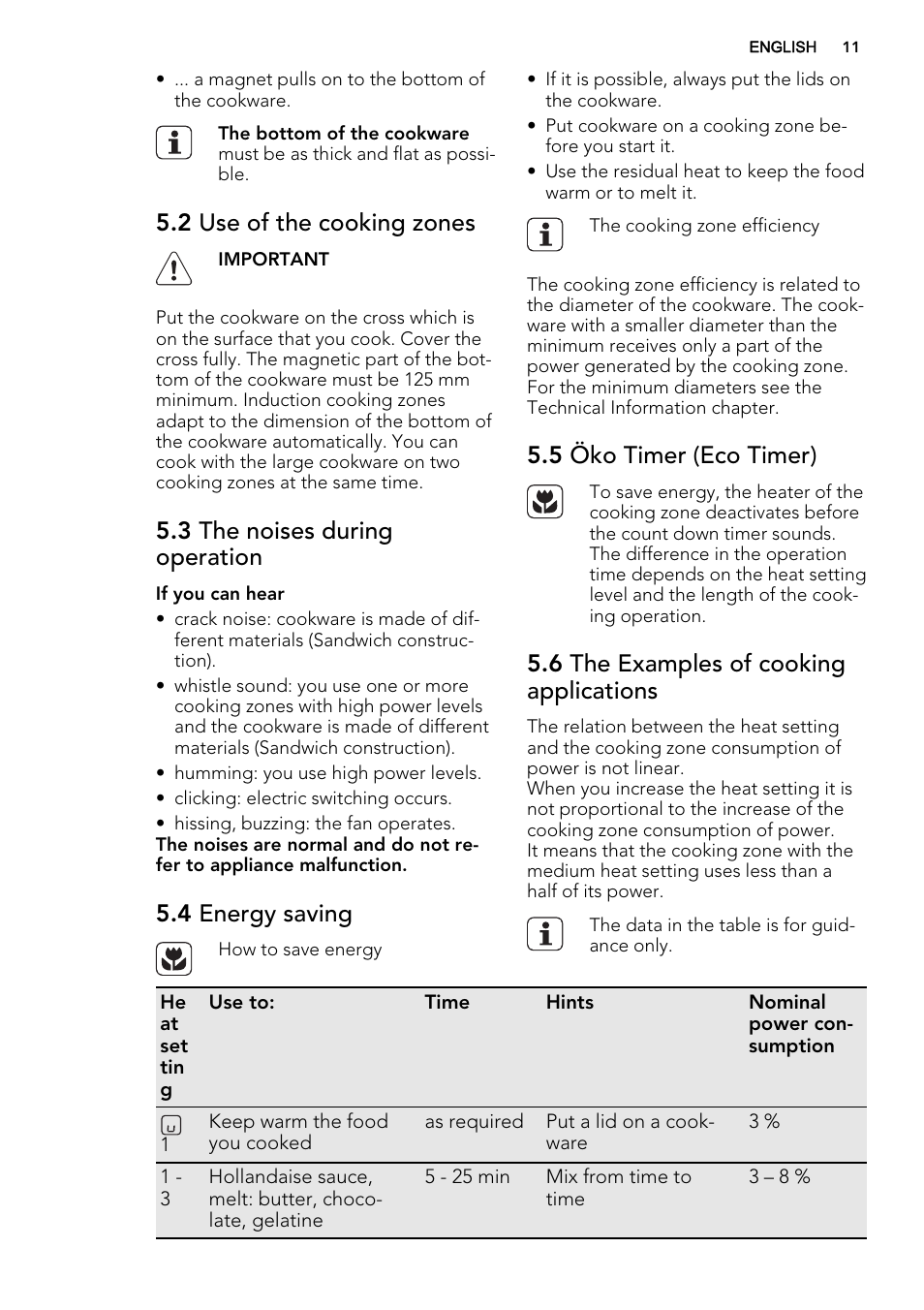 2 use of the cooking zones, 3 the noises during operation, 4 energy saving | 5 öko timer (eco timer), 6 the examples of cooking applications | AEG HK874400FB User Manual | Page 11 / 24