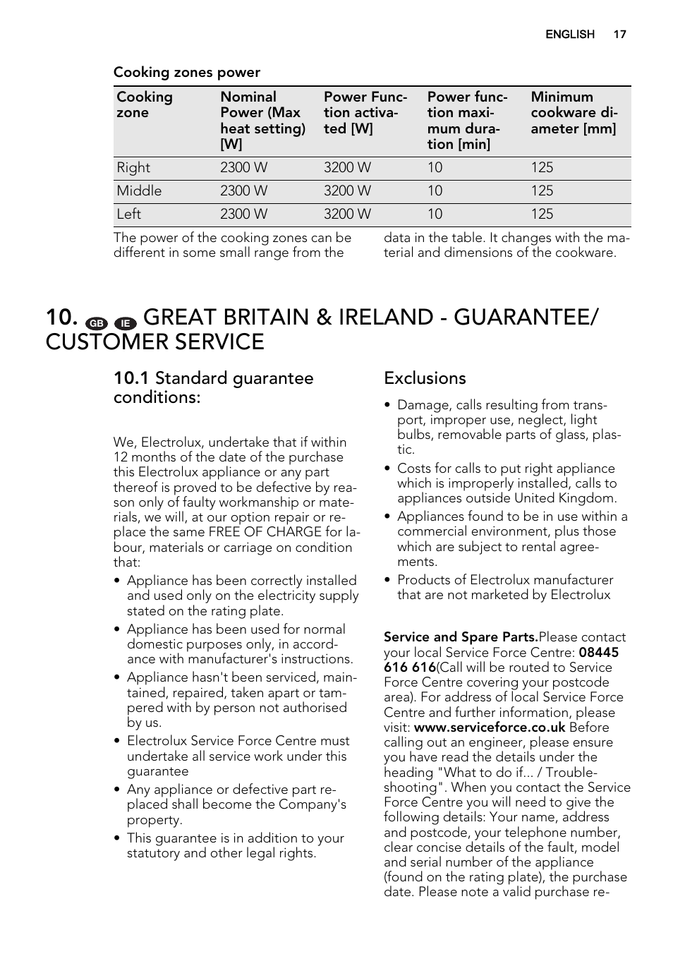 1 standard guarantee conditions, Exclusions | AEG HK874400FB User Manual | Page 17 / 24