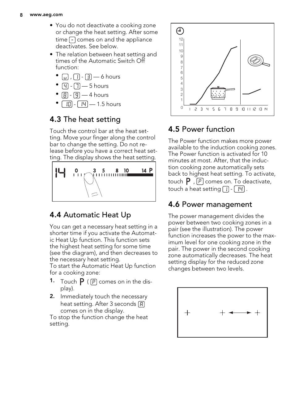 3 the heat setting, 4 automatic heat up, 5 power function | 6 power management | AEG HK874400FB User Manual | Page 8 / 24