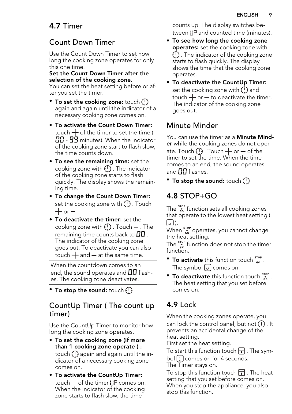 7 timer count down timer, Countup timer ( the count up timer), Minute minder | 8 stop+go, 9 lock | AEG HK874400FB User Manual | Page 9 / 24