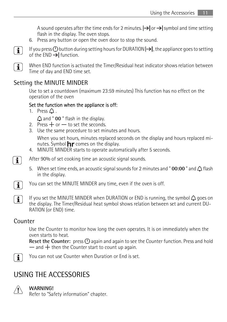 Using the accessories, Setting the minute minder, Counter | AEG BE3003021M User Manual | Page 11 / 36