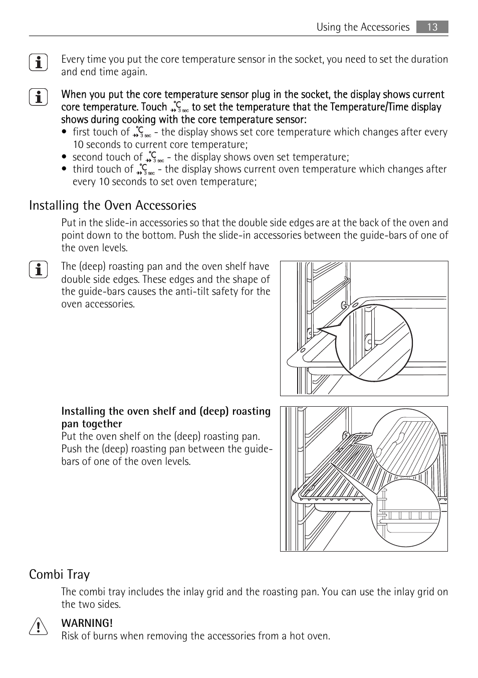 Installing the oven accessories, Combi tray | AEG BE3003021M User Manual | Page 13 / 36