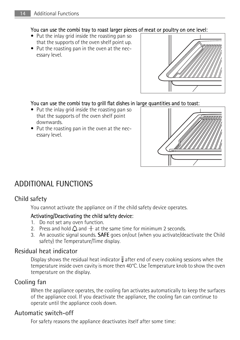 Additional functions, Child safety, Residual heat indicator | Cooling fan, Automatic switch-off | AEG BE3003021M User Manual | Page 14 / 36