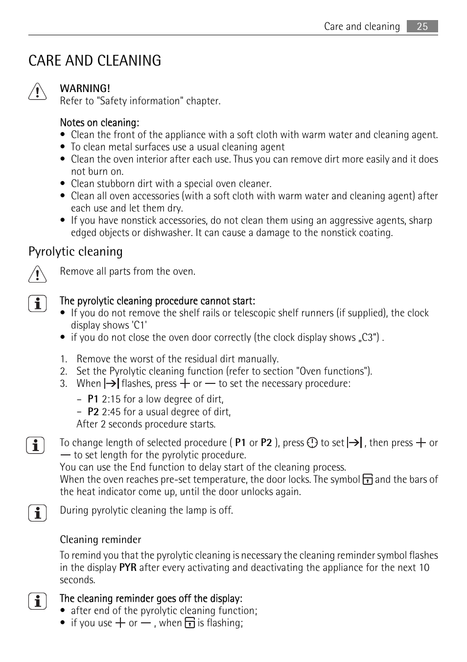 Care and cleaning, Pyrolytic cleaning | AEG BE3003021M User Manual | Page 25 / 36