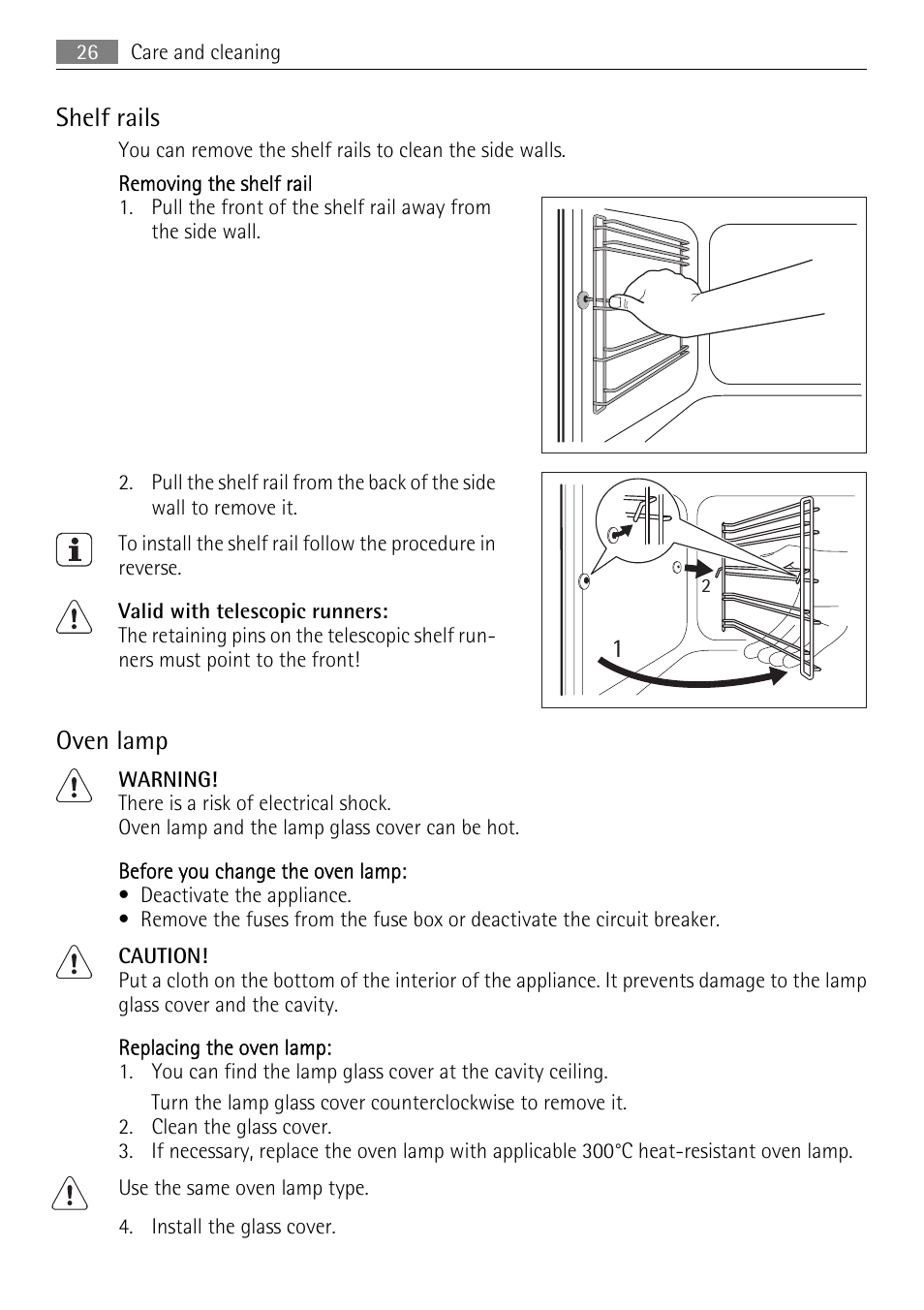 Shelf rails, Oven lamp | AEG BE3003021M User Manual | Page 26 / 36