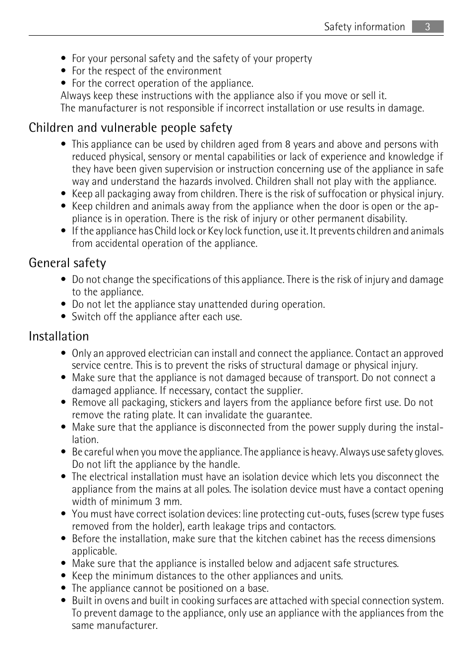 Children and vulnerable people safety, General safety, Installation | AEG BE3003021M User Manual | Page 3 / 36