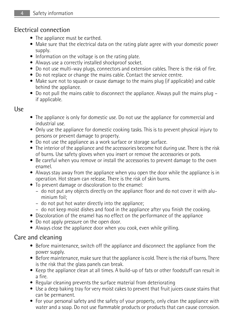 Electrical connection, Care and cleaning | AEG BE3003021M User Manual | Page 4 / 36