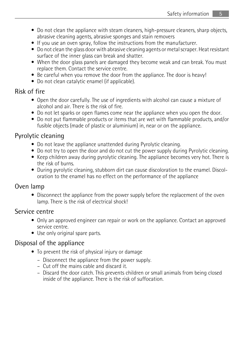 Risk of fire, Pyrolytic cleaning, Oven lamp | Service centre, Disposal of the appliance | AEG BE3003021M User Manual | Page 5 / 36