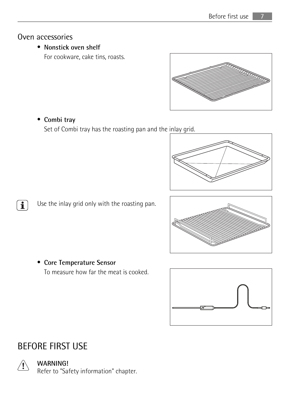 Before first use, Oven accessories | AEG BE3003021M User Manual | Page 7 / 36