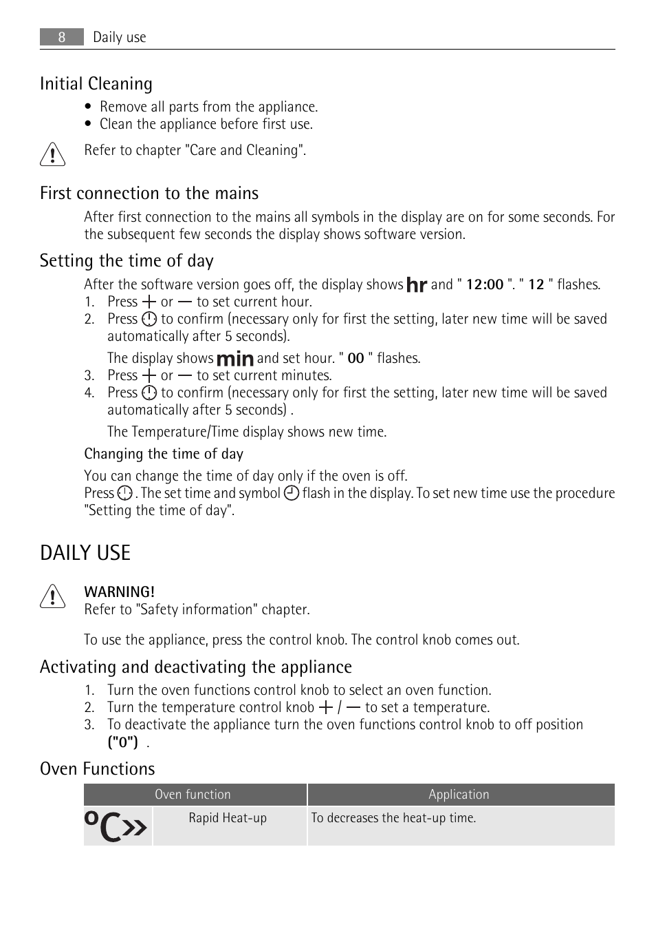 Daily use, Initial cleaning, First connection to the mains | Setting the time of day, Activating and deactivating the appliance, Oven functions | AEG BE3003021M User Manual | Page 8 / 36