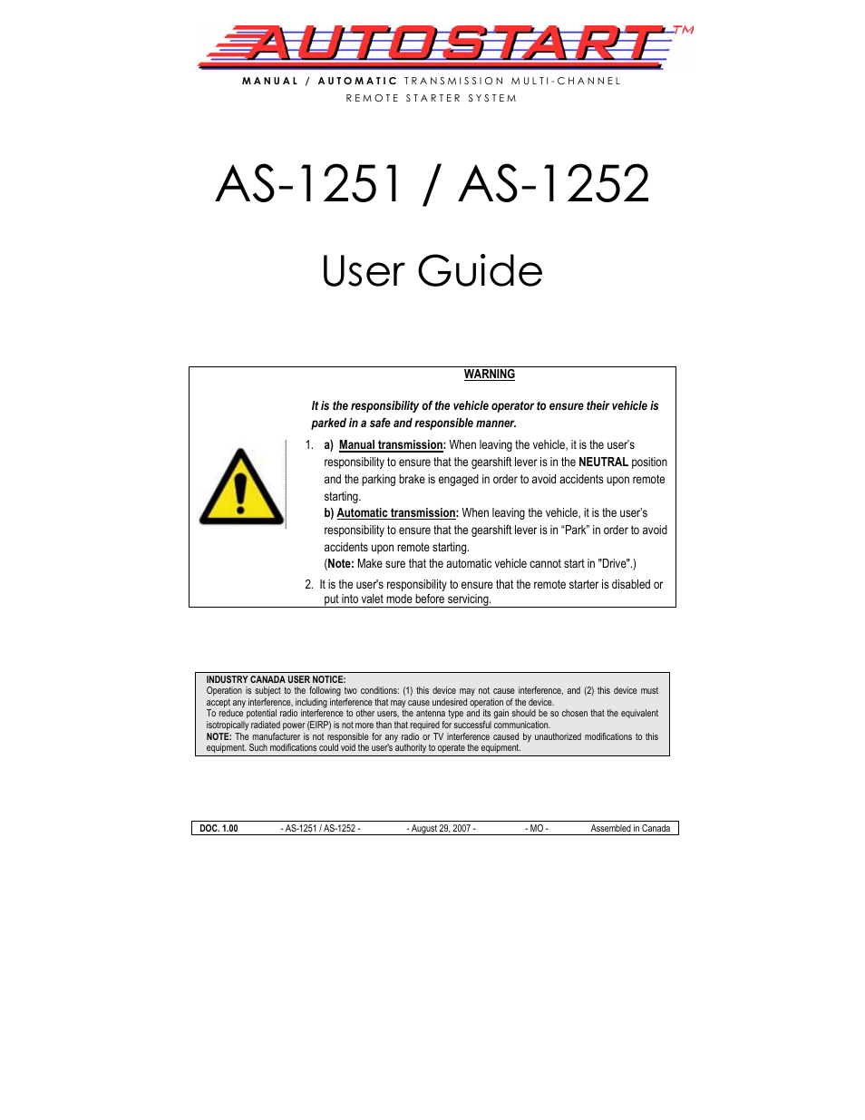 Autostart AS-1252 User Manual | 9 pages