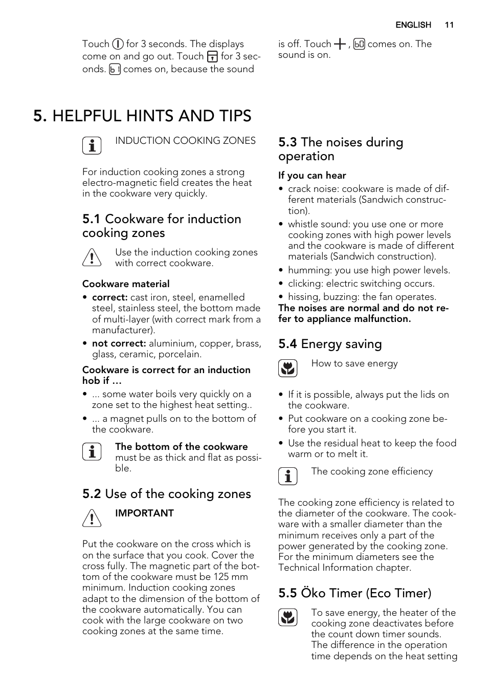 Helpful hints and tips, 1 cookware for induction cooking zones, 2 use of the cooking zones | 3 the noises during operation, 4 energy saving, 5 öko timer (eco timer) | AEG HK854320FB User Manual | Page 11 / 24