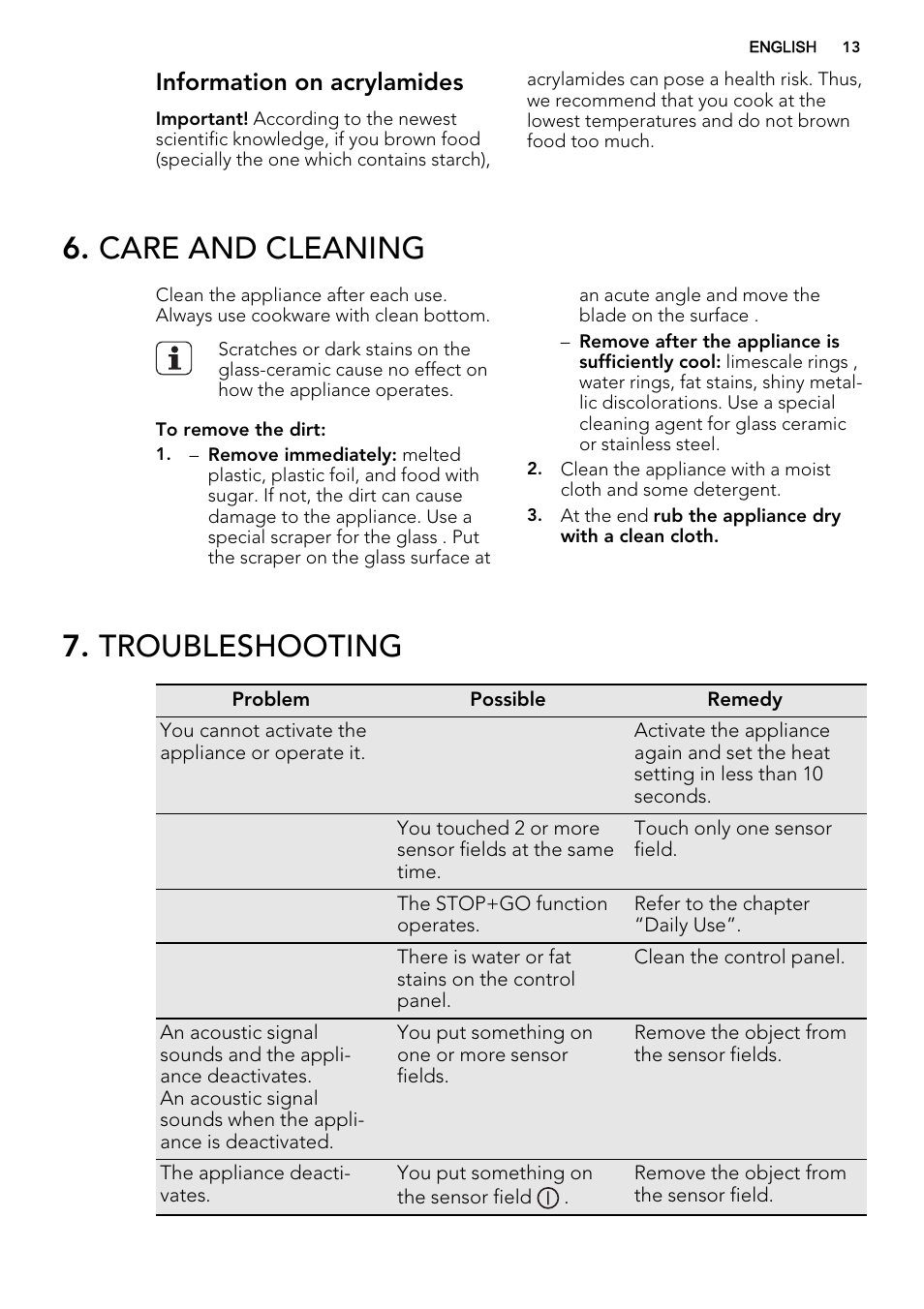 Care and cleaning, Troubleshooting, Information on acrylamides | AEG HK854320FB User Manual | Page 13 / 24