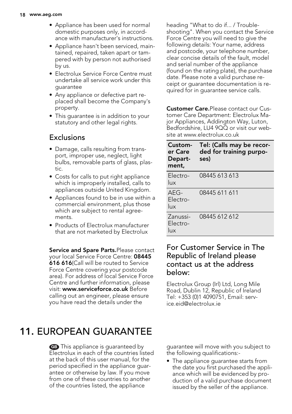 European guarantee, Exclusions | AEG HK854320FB User Manual | Page 18 / 24